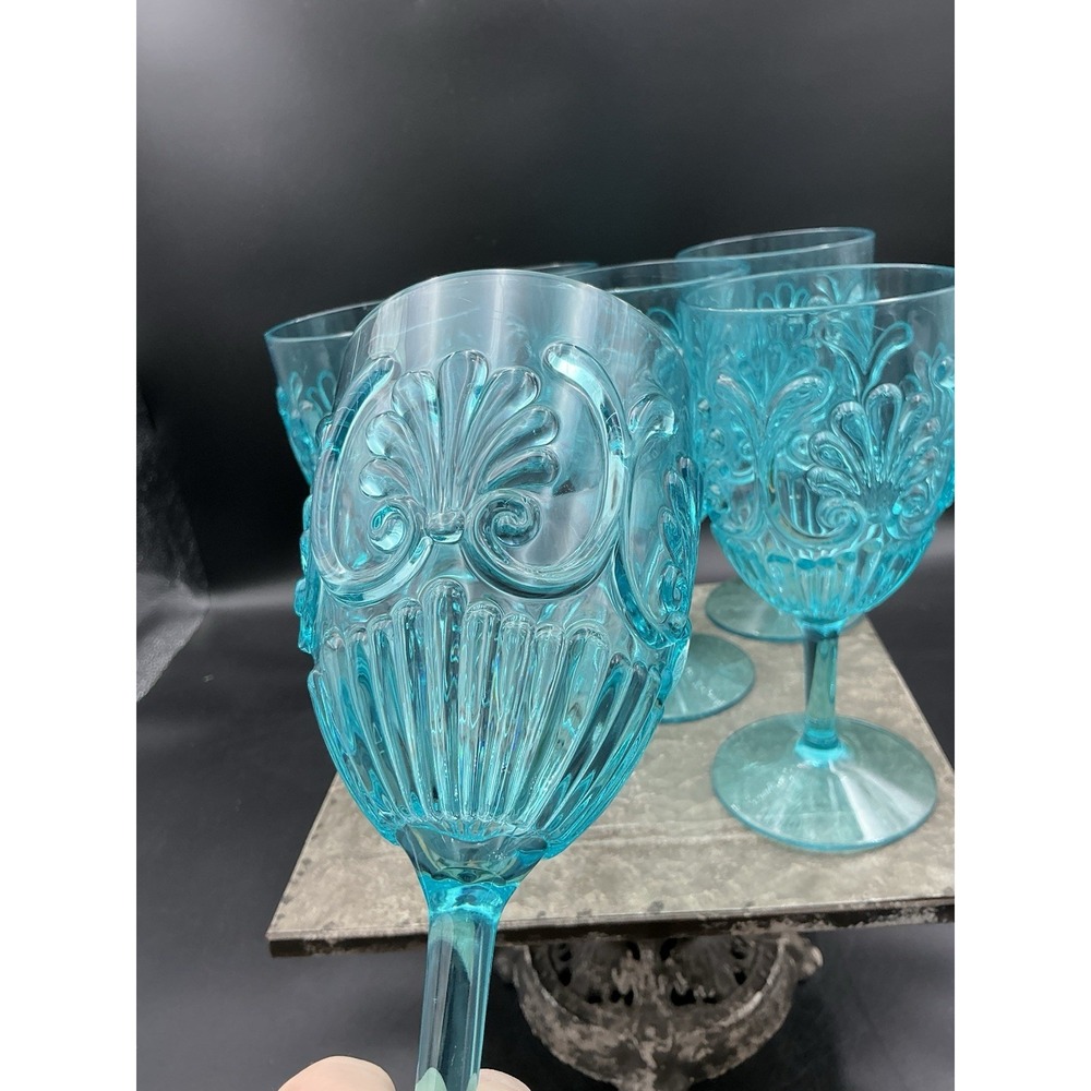 Set of 6 Le Cadeaux Outdoor Plastic Goblets Wine Glasses Fleur Teal Turquoise - Picture 8 of 9